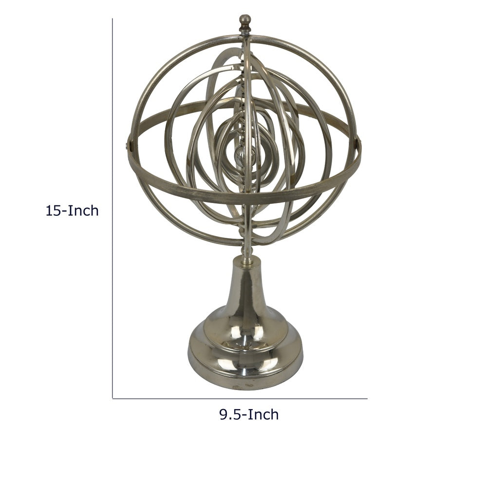 Tabletop Decor, Armillary Sphere w Globe, Polished Silver Metal 15 Inch-BM353431