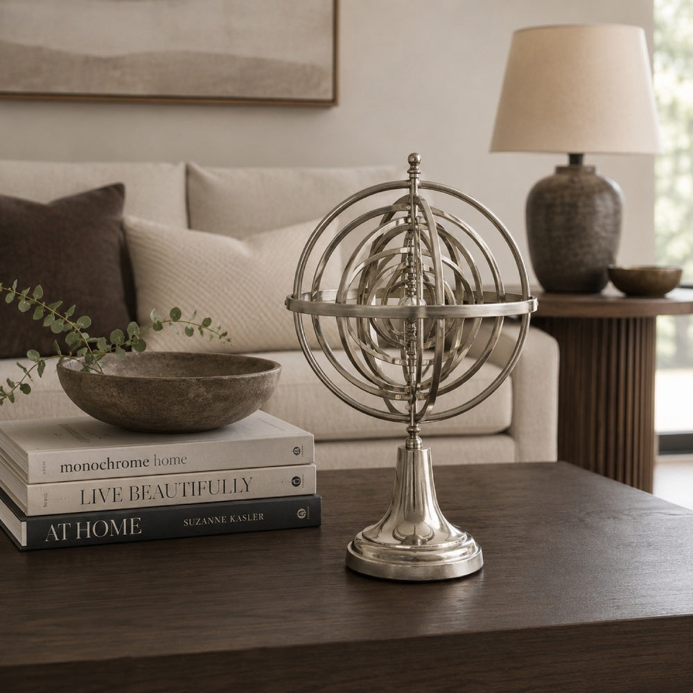 Tabletop Decor, Armillary Sphere w Globe, Polished Silver Metal 15 Inch-BM353431