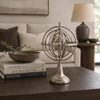 Tabletop Decor, Armillary Sphere w Globe, Polished Silver Metal 15 Inch-BM353431