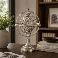 Tabletop Decor, Armillary Sphere w Globe, Polished Silver Metal 15 Inch-BM353431