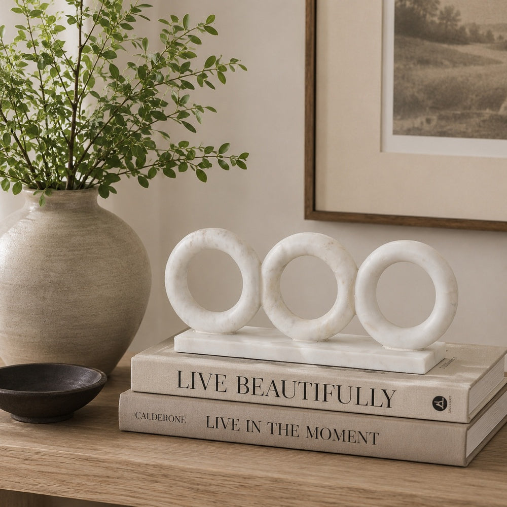 Hara Geometric Link Sculpture, 3 Circle Rings, White Marble 11 Inch-BM353432