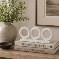 Hara Geometric Link Sculpture, 3 Circle Rings, White Marble 11 Inch-BM353432