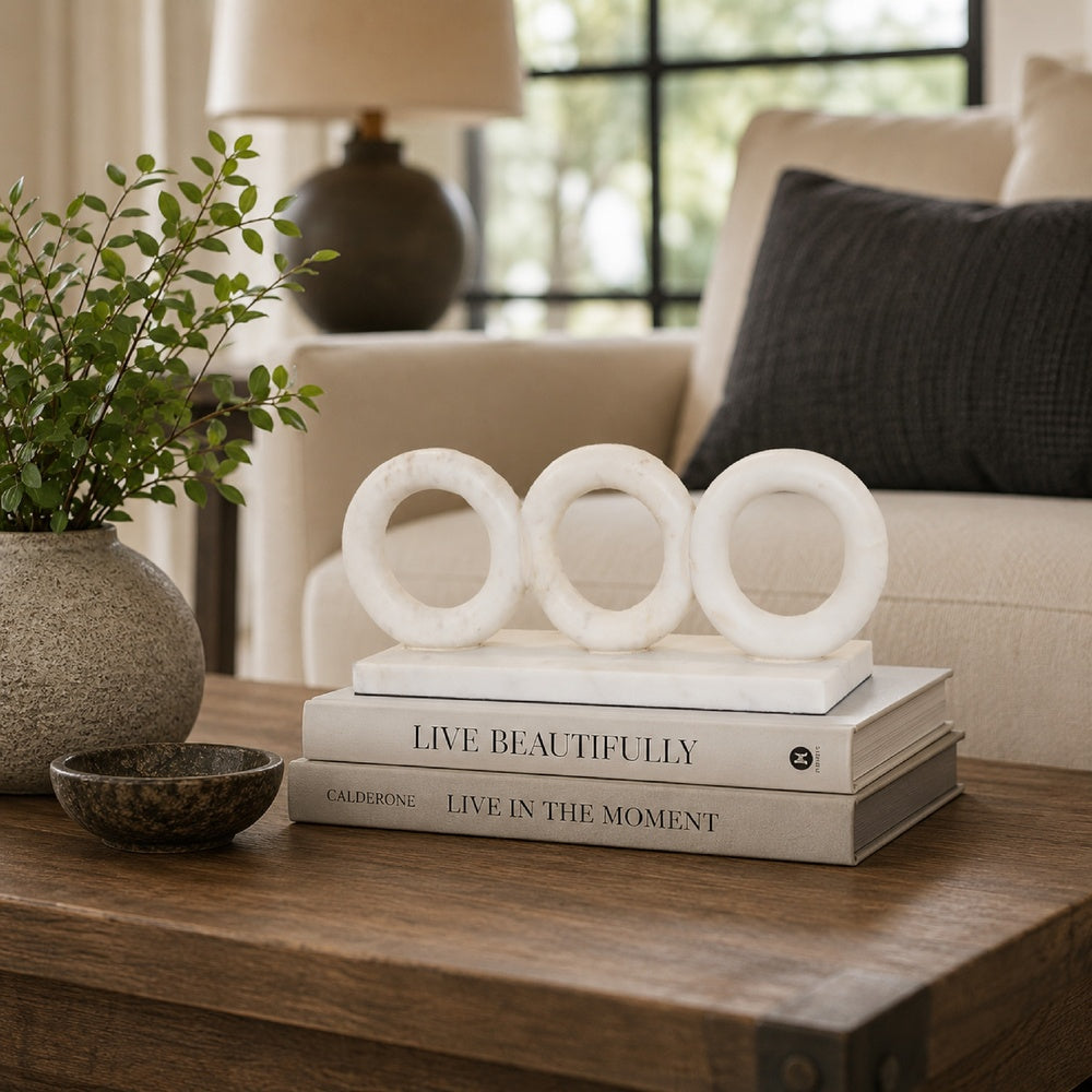 Hara Geometric Link Sculpture, 3 Circle Rings, White Marble 11 Inch-BM353432