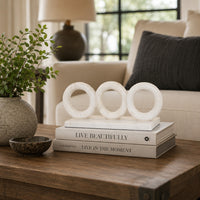 Hara Geometric Link Sculpture, 3 Circle Rings, White Marble 11 Inch-BM353432