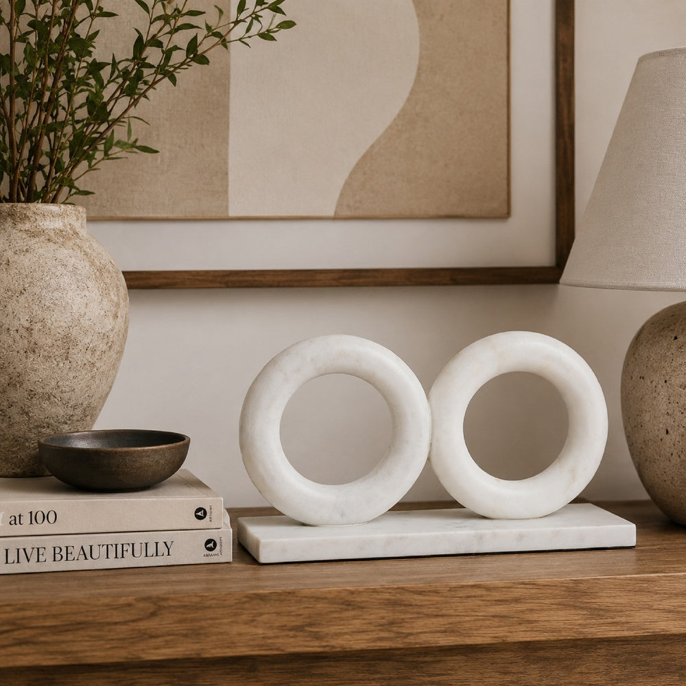 Hara Geometric Link Sculpture, 2 Circle Rings, White Marble 8 Inch-BM353433