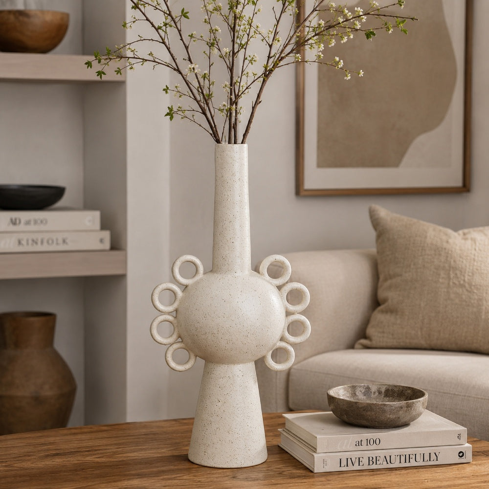 Orin Multi-Tier Sculptural Vase, Loop Handles White Speckled Ceramic 18 Inch-BM353434