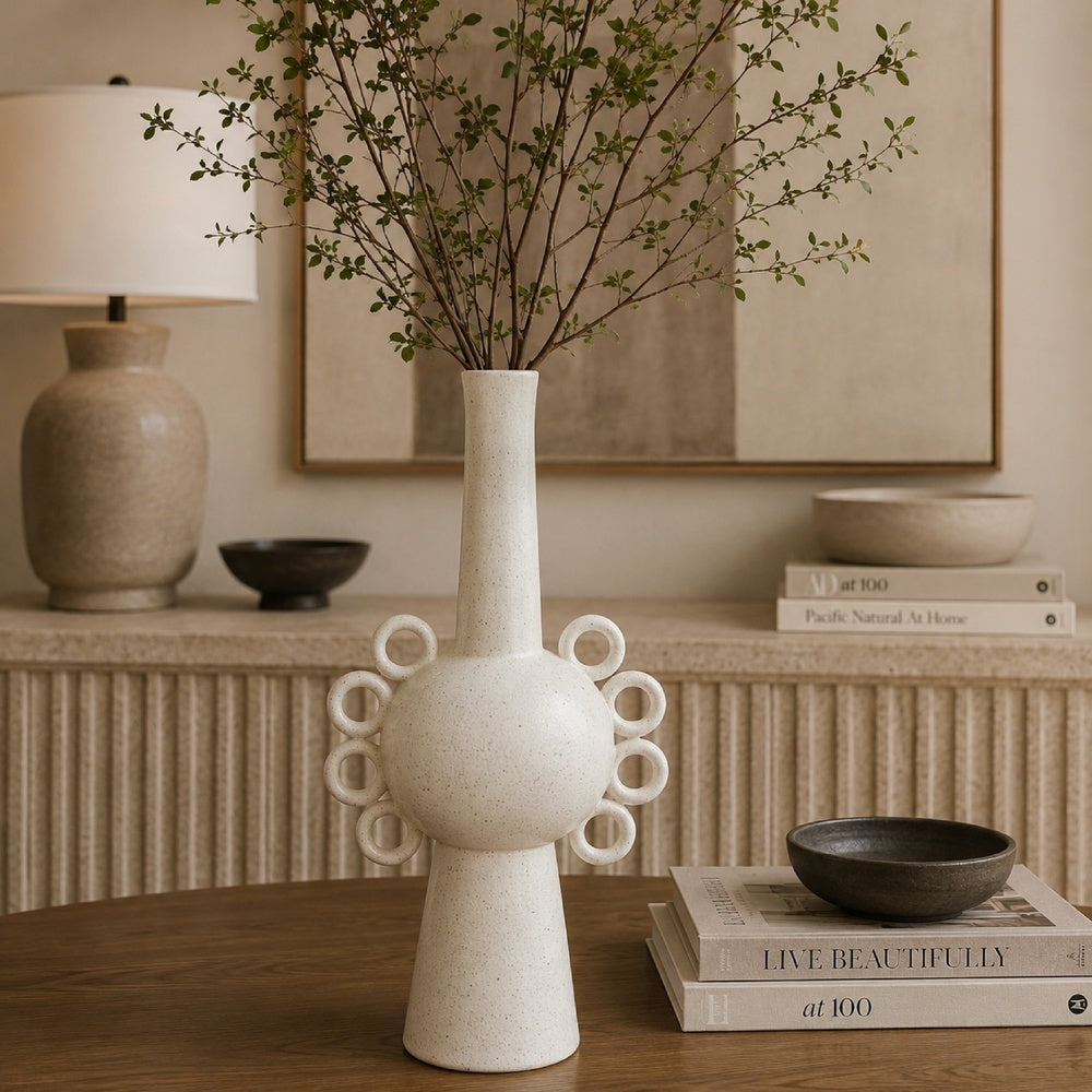 Orin Multi-Tier Sculptural Vase, Loop Handles White Speckled Ceramic 18 Inch-BM353434
