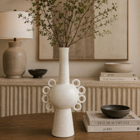 Orin Multi-Tier Sculptural Vase, Loop Handles White Speckled Ceramic 18 Inch-BM353434