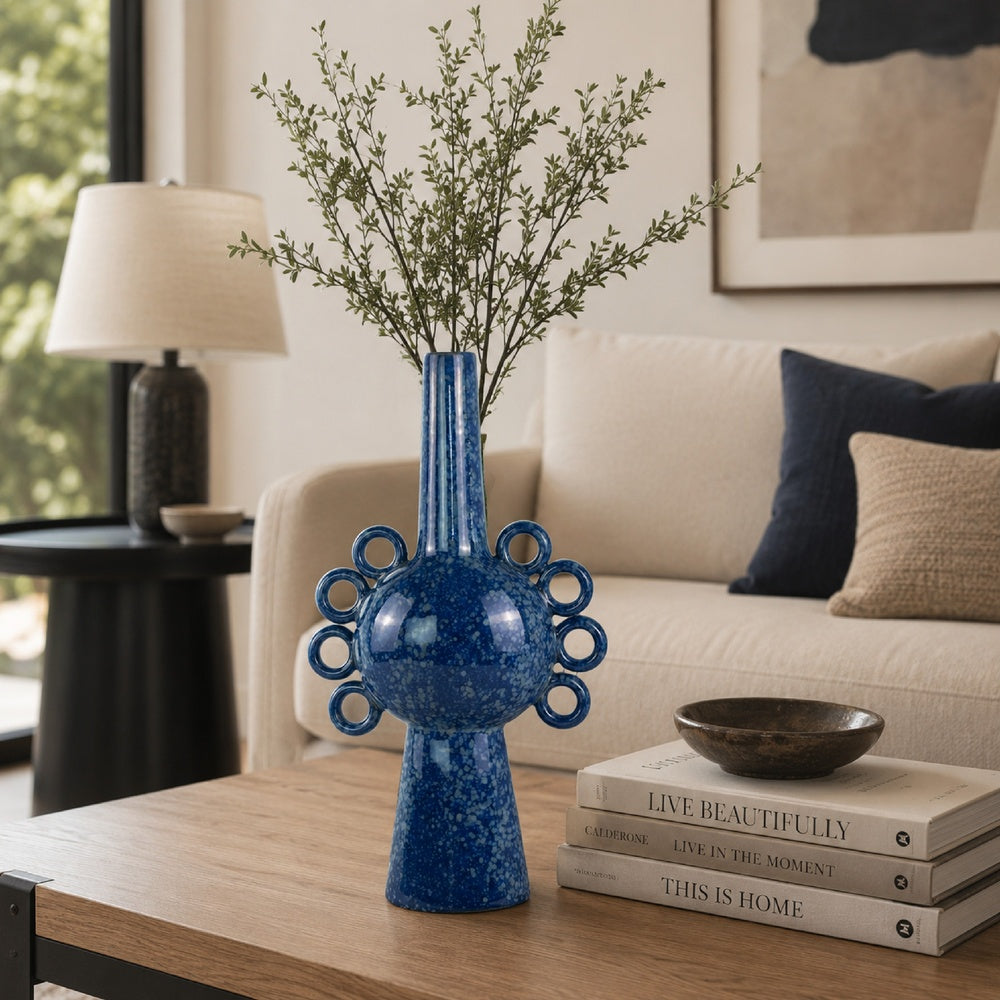 Orin Multi-Tier Sculptural Vase, Loop Handles Blue Speckled Ceramic 18 Inch-BM353435