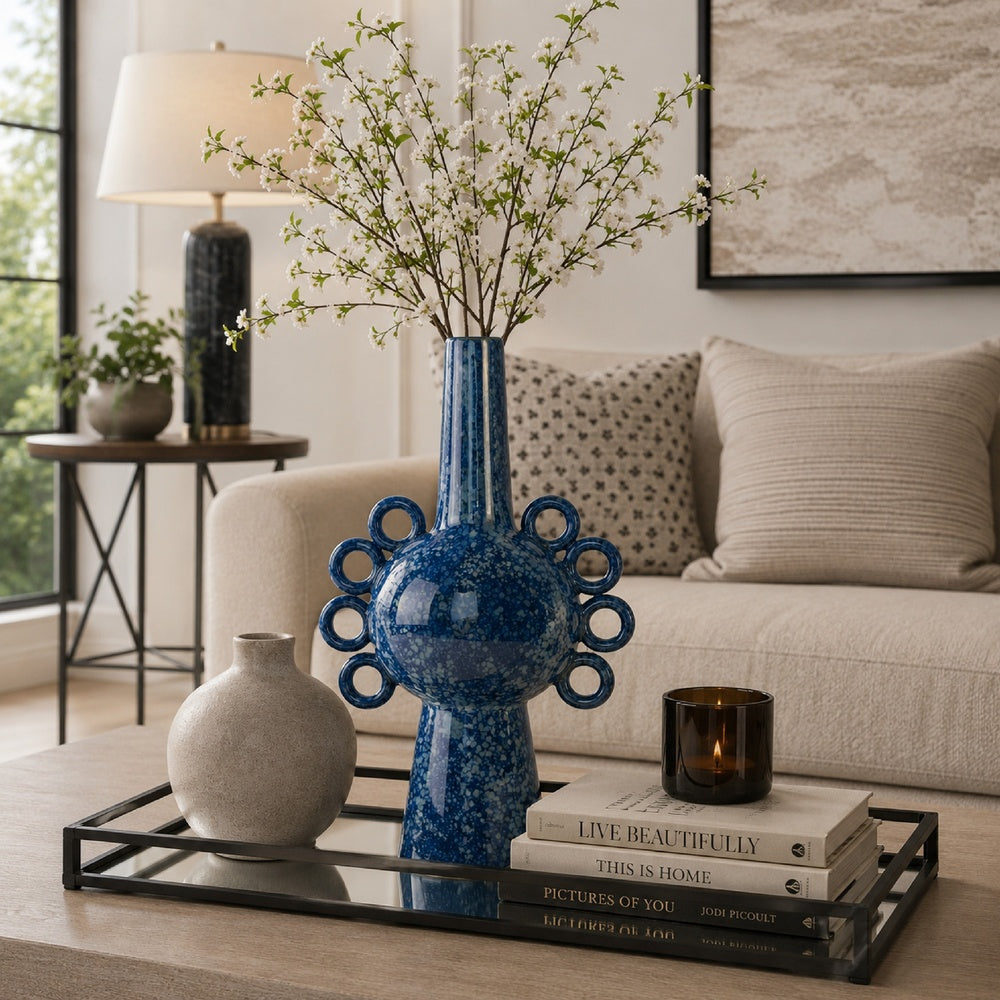 Orin Multi-Tier Sculptural Vase, Loop Handles Blue Speckled Ceramic 18 Inch-BM353435