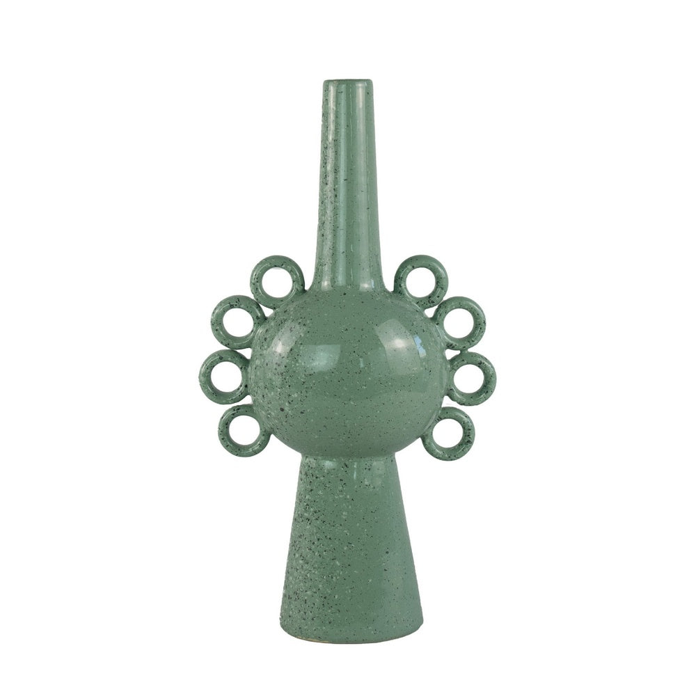 Orin Multi-Tier Sculptural Vase, Loop Handles Green Speckled Ceramic 18 Inch-BM353436