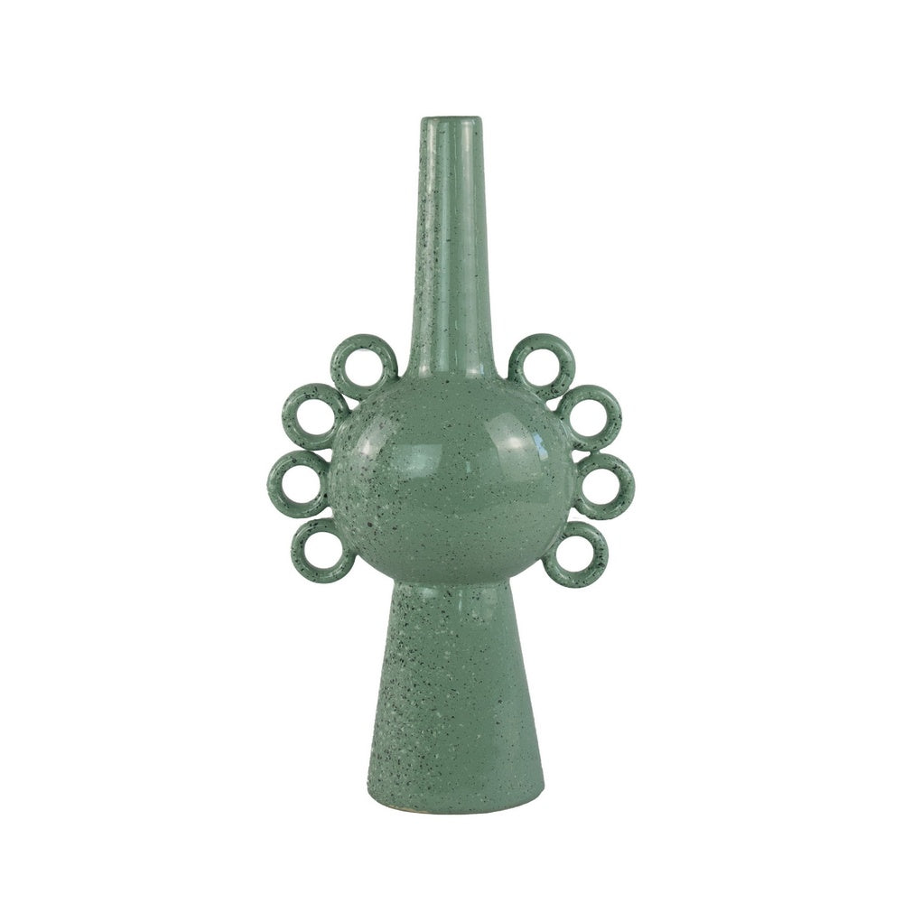 Orin Multi-Tier Sculptural Vase, Loop Handles Green Speckled Ceramic 18 Inch-BM353436