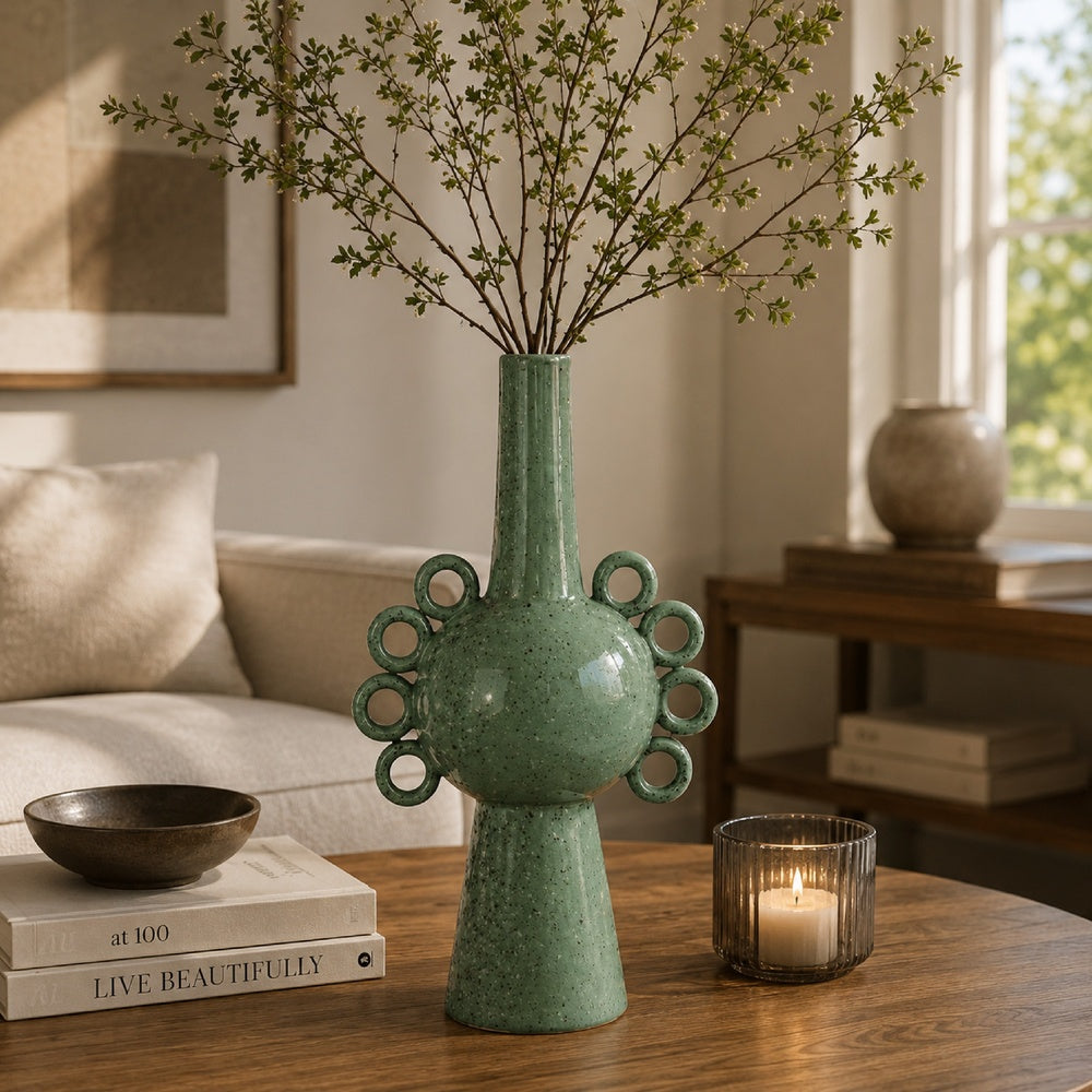 Orin Multi-Tier Sculptural Vase, Loop Handles Green Speckled Ceramic 18 Inch-BM353436