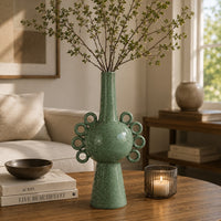 Orin Multi-Tier Sculptural Vase, Loop Handles Green Speckled Ceramic 18 Inch-BM353436