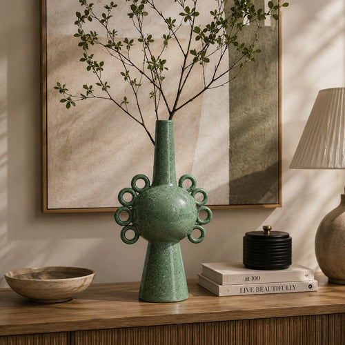 Orin Multi-Tier Sculptural Vase, Loop Handles Green Speckled Ceramic 18 Inch-BM353436