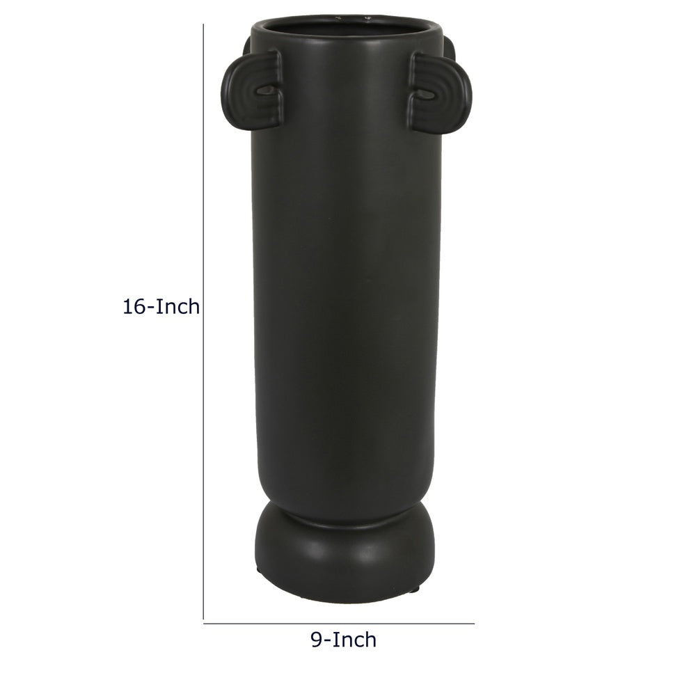 Dere Capsule Vase, Lug Handles, Pedestal, Matte Black Ceramic 16 Inch-BM353437