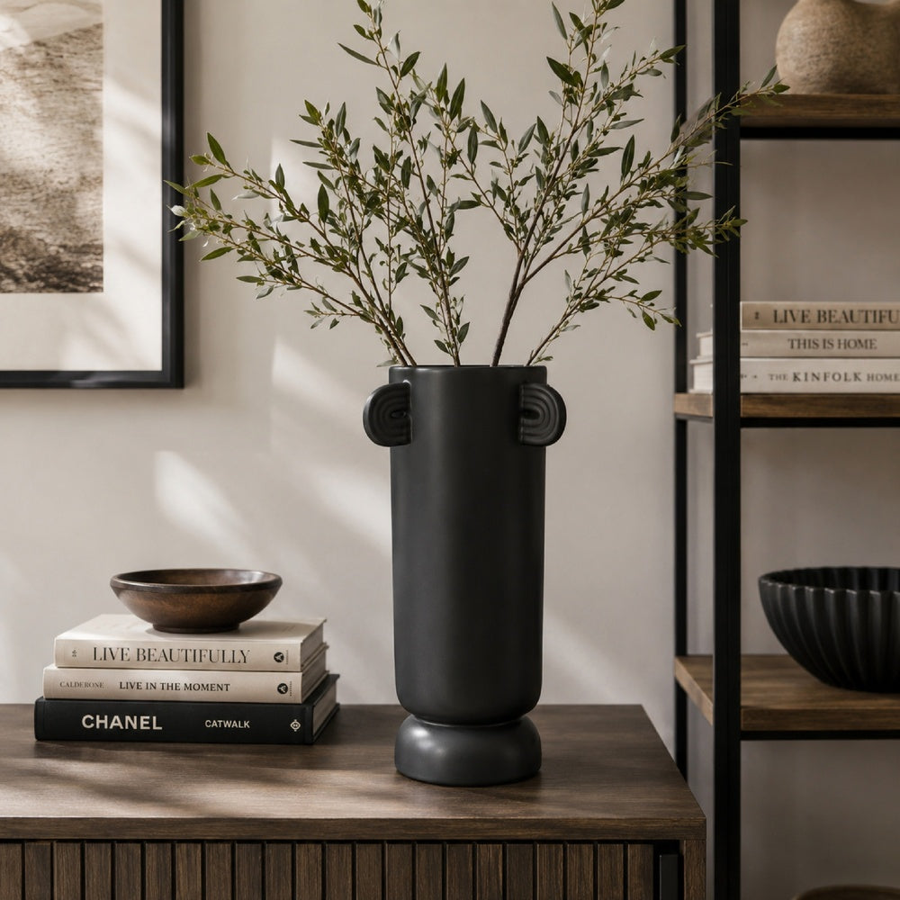 Dere Capsule Vase, Lug Handles, Pedestal, Matte Black Ceramic 16 Inch-BM353437