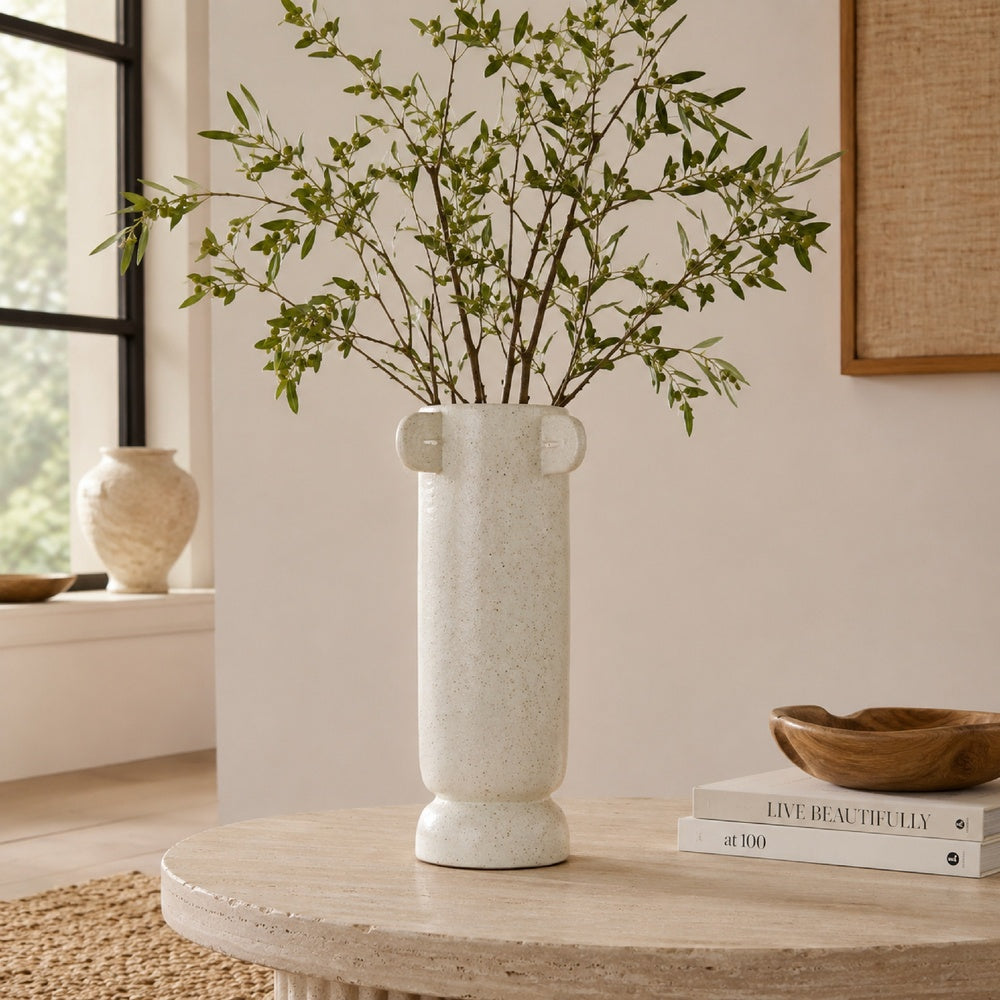 Dere Capsule Vase, Lug Handles, Pedestal, Matte White Ceramic 16 Inch-BM353438