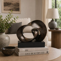 Tabletop Décor, Abstract Loop Sculpture, Plinth Base Bronze Black,11 Inch-BM353439