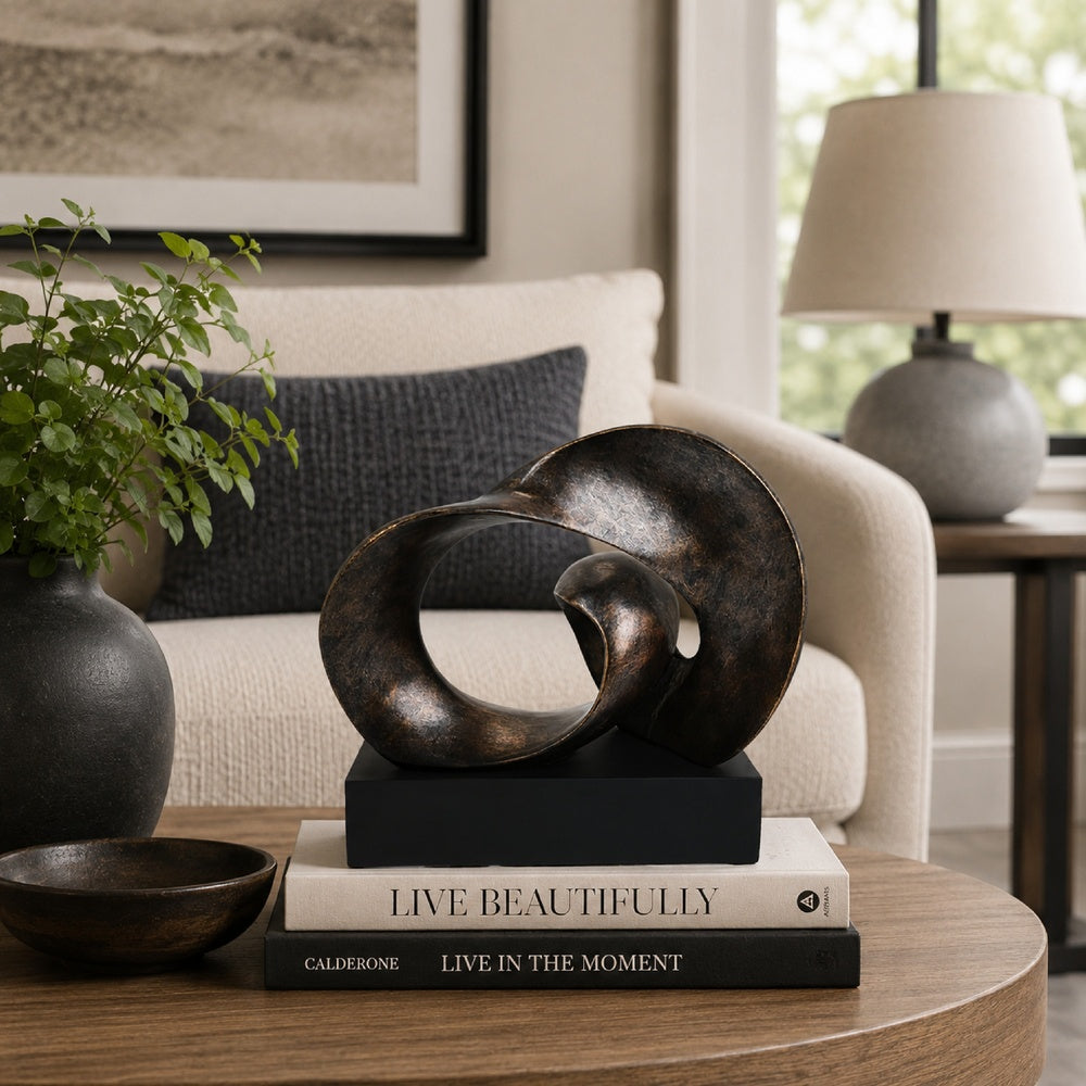 Tabletop Décor, Abstract Loop Sculpture, Plinth Base Bronze Black,11 Inch-BM353439
