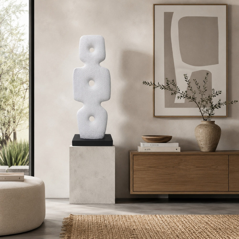 Abstract Totem Sculpture, Cutout Center, Pedestal, White Resin 20 Inch-BM353440