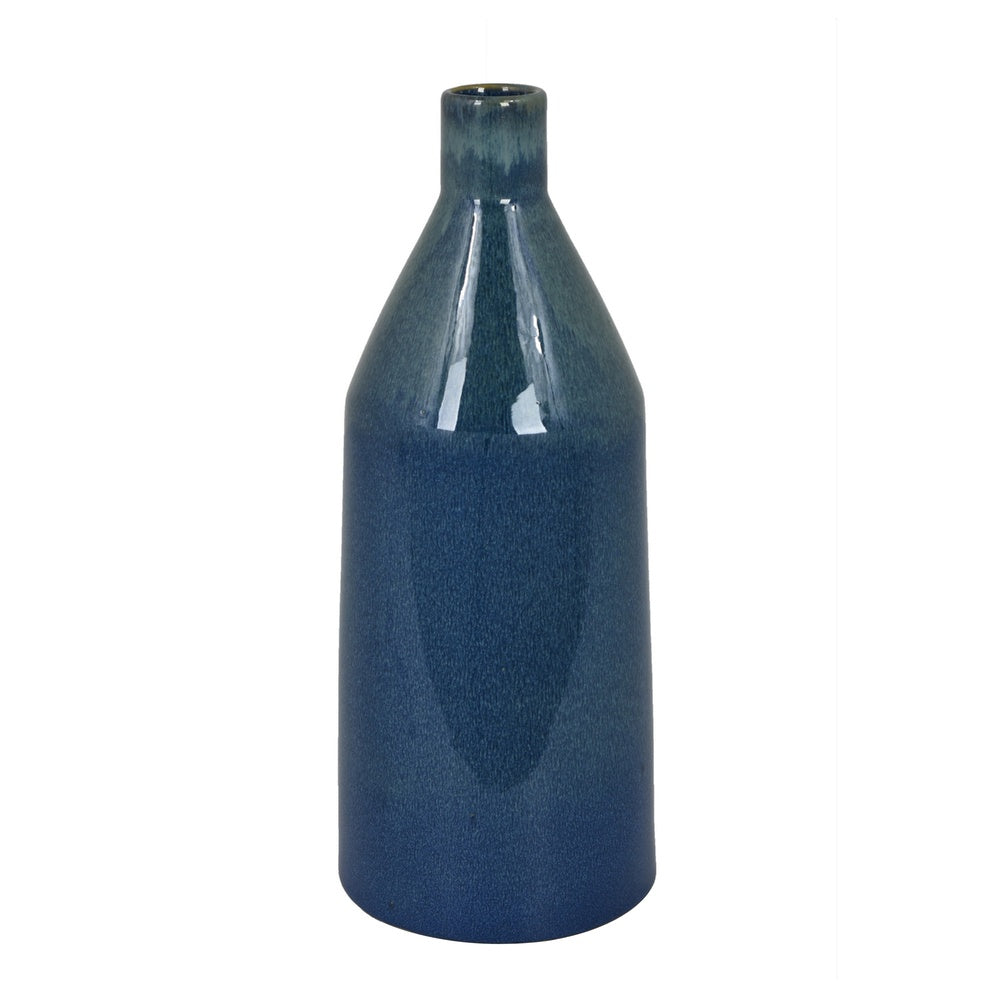 Decorative Vase, Bottle Shape, Narrow Neck, Speckled Blue Ceramic 15 Inch-BM353441