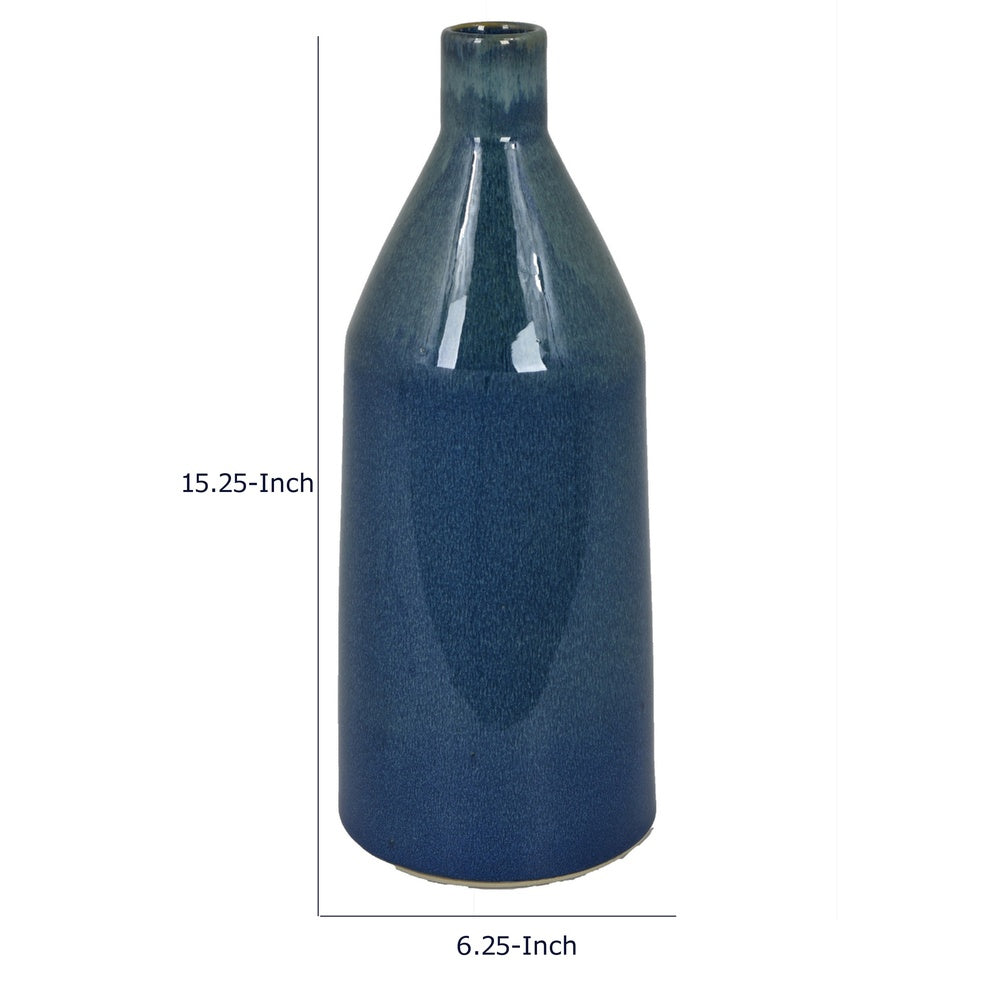 Decorative Vase, Bottle Shape, Narrow Neck, Speckled Blue Ceramic 15 Inch-BM353441