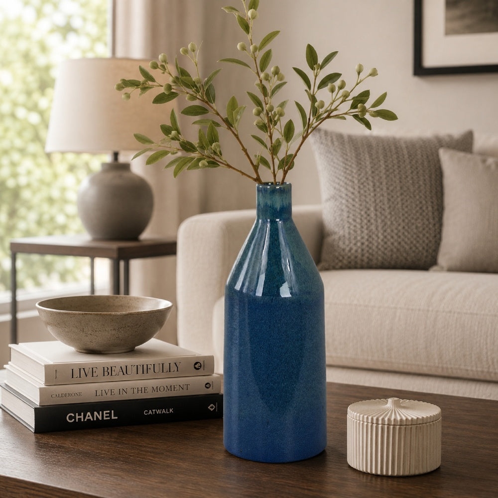 Decorative Vase, Bottle Shape, Narrow Neck, Speckled Blue Ceramic 15 Inch-BM353441