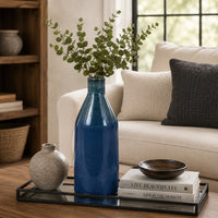 Decorative Vase, Bottle Shape, Narrow Neck, Speckled Blue Ceramic 15 Inch-BM353441