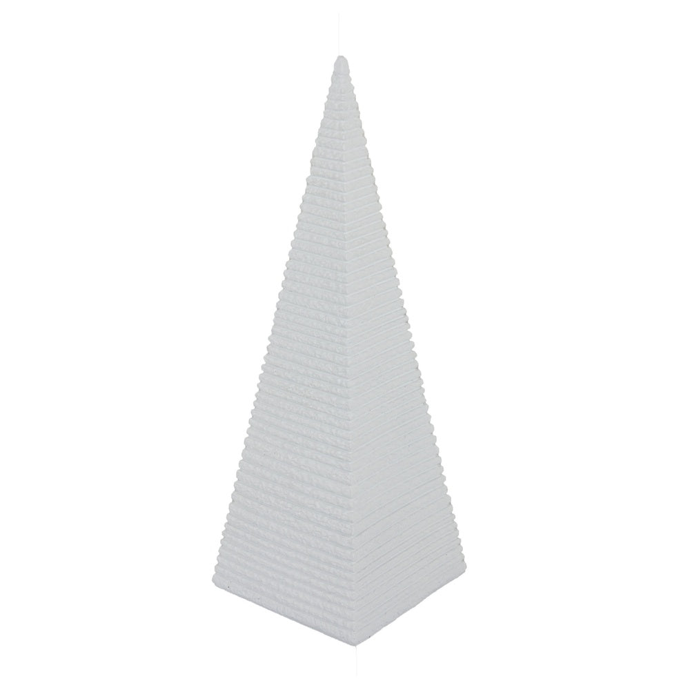 Decorative Pyramid Sculpture, Horizontally Ribbed White Resin 15 Inch-BM353443