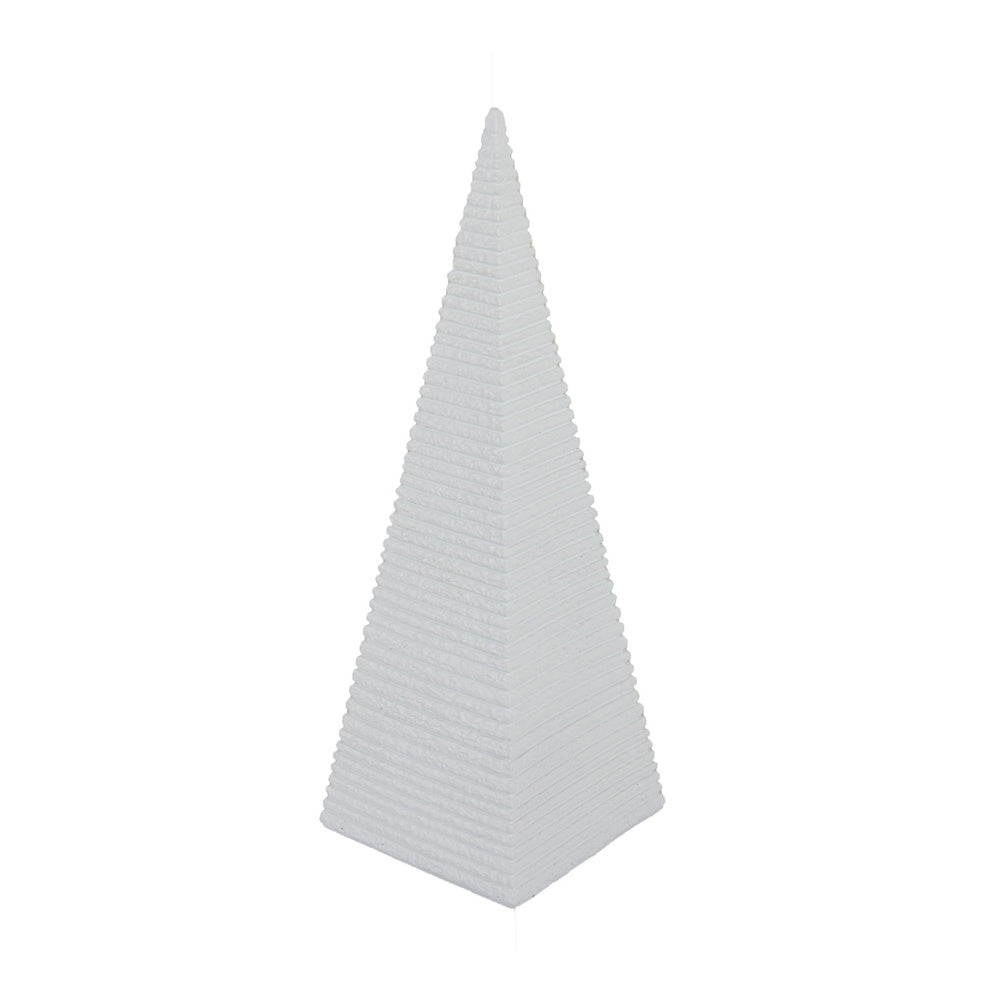 Decorative Pyramid Sculpture, Horizontally Ribbed White Resin 15 Inch-BM353443