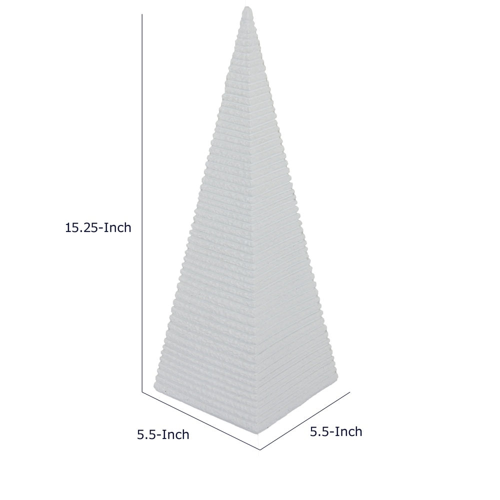 Decorative Pyramid Sculpture, Horizontally Ribbed White Resin 15 Inch-BM353443