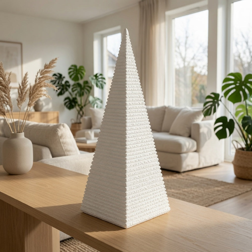 Decorative Pyramid Sculpture, Horizontally Ribbed White Resin 15 Inch-BM353443