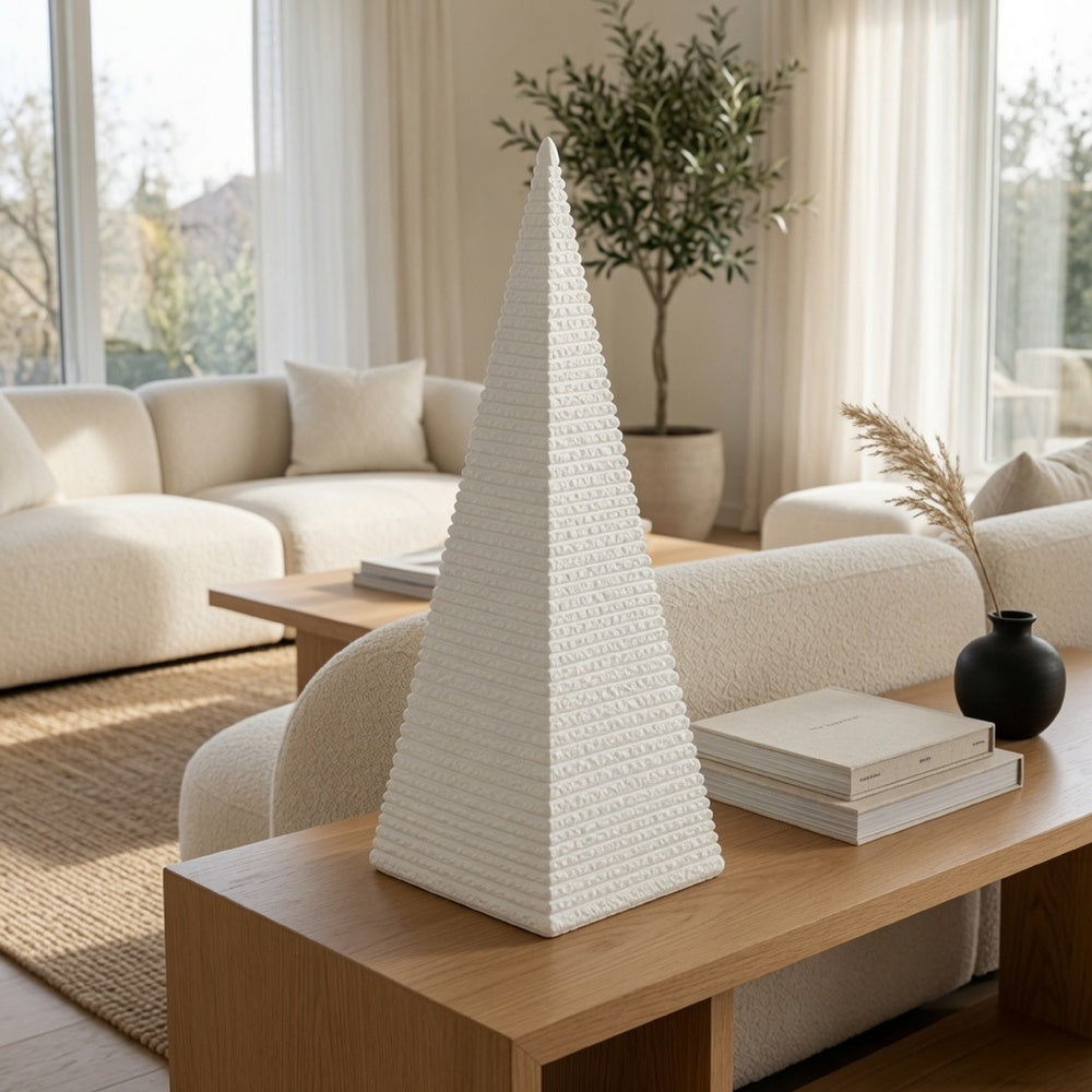 Decorative Pyramid Sculpture, Horizontally Ribbed White Resin 15 Inch-BM353443