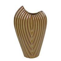 Kathy Decorative Vase, Asymmetrical Rim, Ribbed Brown Ceramic 15 Inch-BM353444