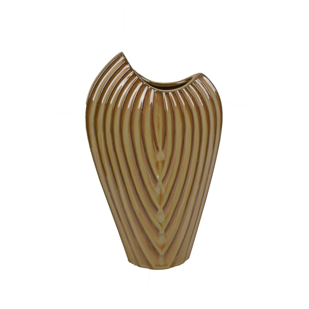 Kathy Decorative Vase, Asymmetrical Rim, Ribbed Brown Ceramic 15 Inch-BM353444