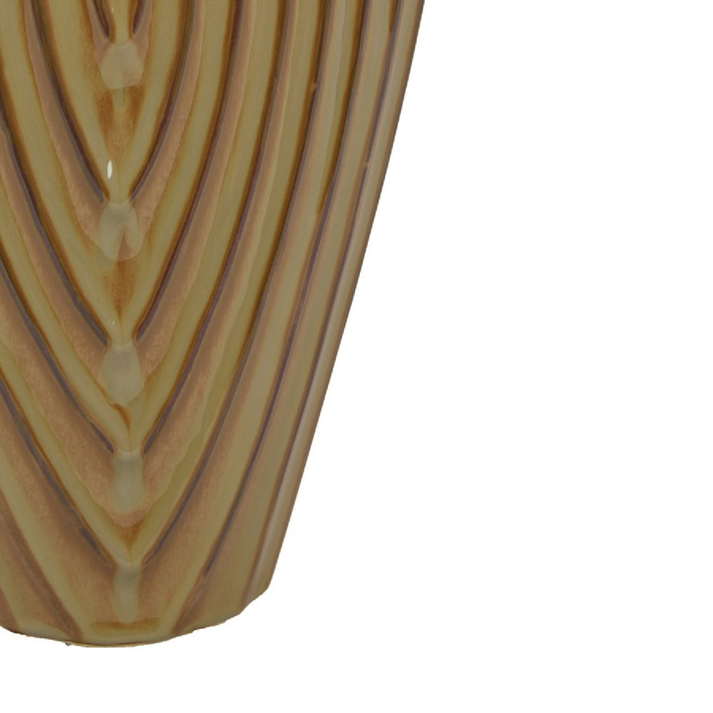 Kathy Decorative Vase, Asymmetrical Rim, Ribbed Brown Ceramic 15 Inch-BM353444