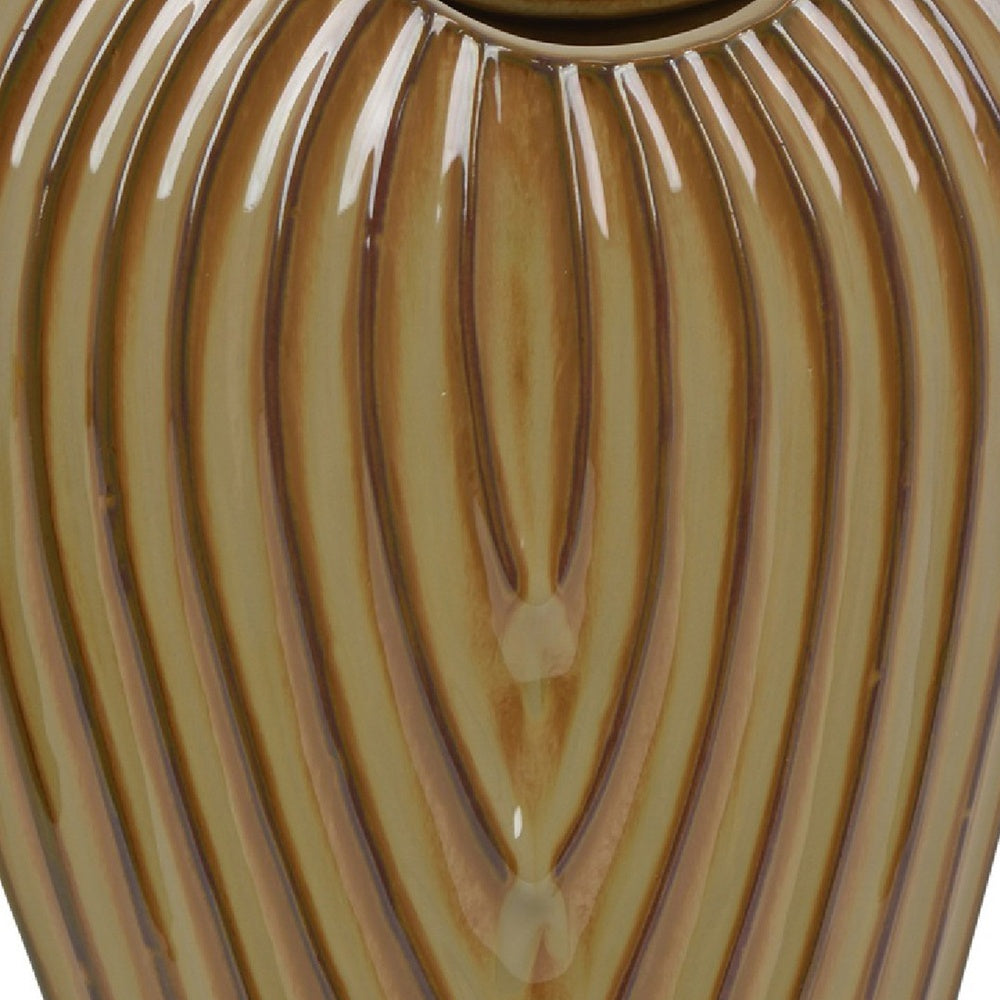 Kathy Decorative Vase, Asymmetrical Rim, Ribbed Brown Ceramic 15 Inch-BM353444