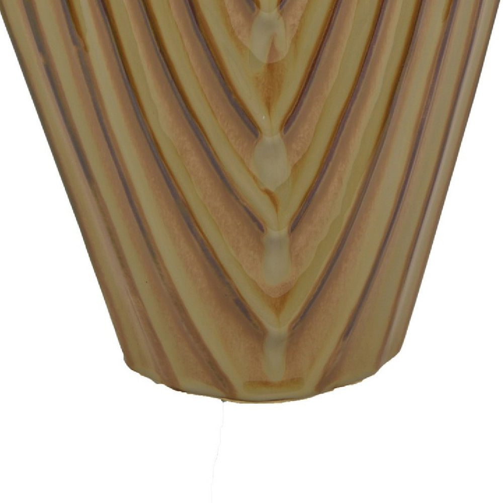 Kathy Decorative Vase, Asymmetrical Rim, Ribbed Brown Ceramic 15 Inch-BM353444