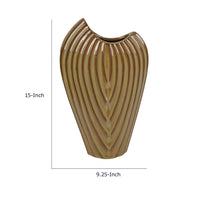 Kathy Decorative Vase, Asymmetrical Rim, Ribbed Brown Ceramic 15 Inch-BM353444