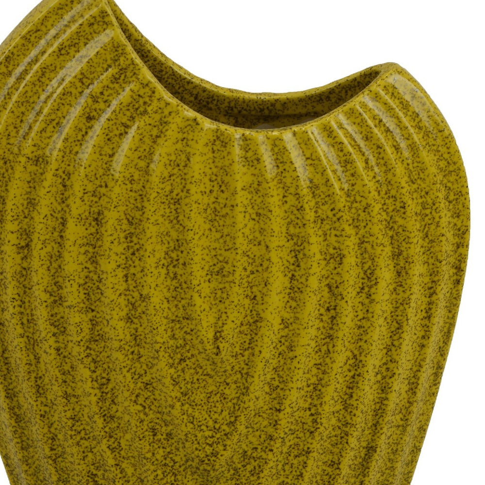 Kathy Decorative Vase, Asymmetrical Rim, Ribbed Yellow Ceramic 15 Inch-BM353445