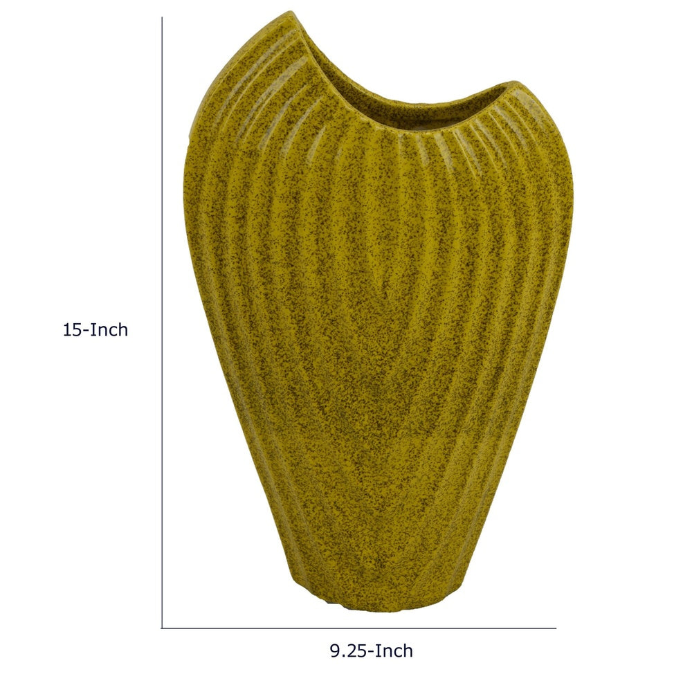 Kathy Decorative Vase, Asymmetrical Rim, Ribbed Yellow Ceramic 15 Inch-BM353445