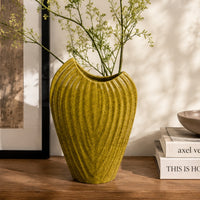 Kathy Decorative Vase, Asymmetrical Rim, Ribbed Yellow Ceramic 15 Inch-BM353445