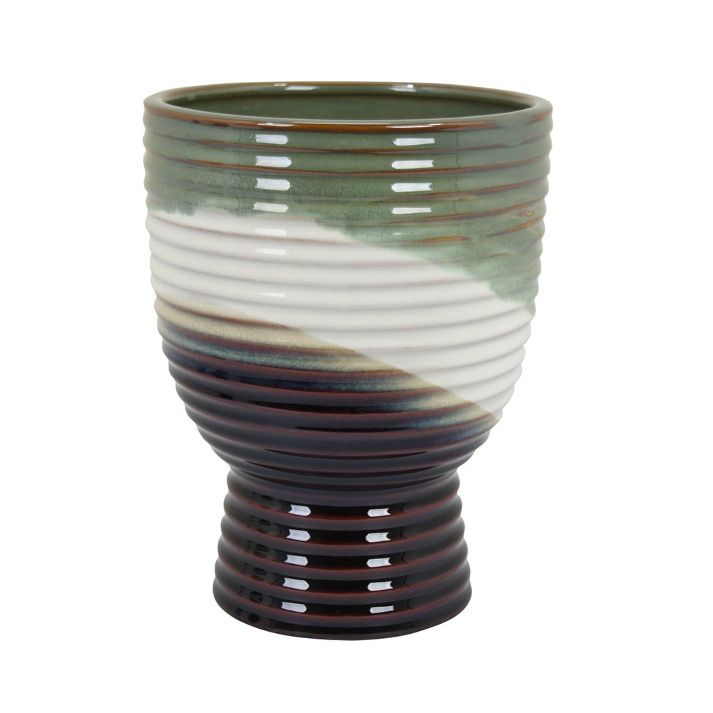 Decorative Planter, Tapered Body, Flared Pedestal, Gray Ceramic 10 Inch-BM353446