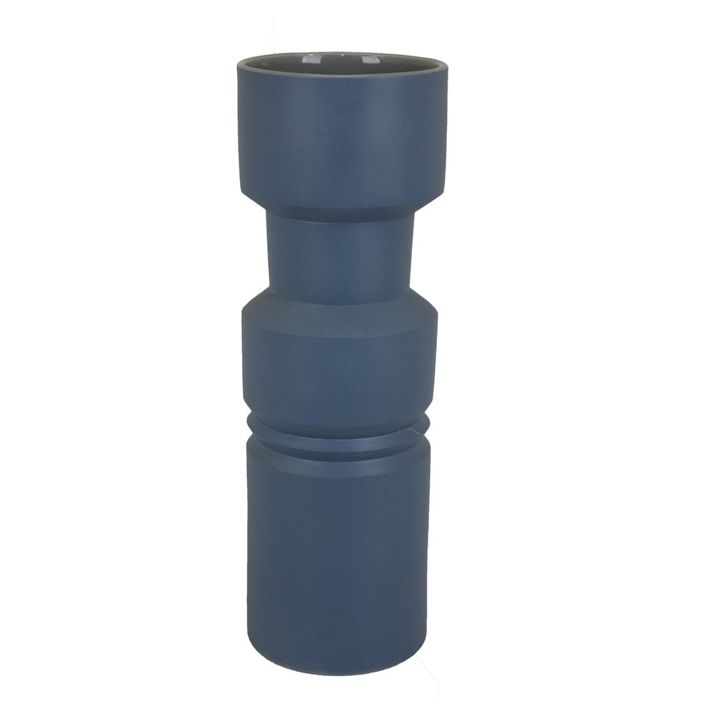 Sculptural Totem Vase, Stacked Geometric Accents, Blue Ceramic 16 Inch-BM353451