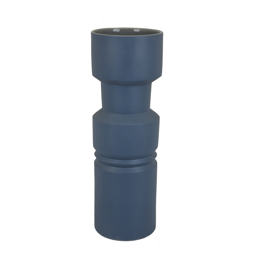 Sculptural Totem Vase, Stacked Geometric Accents, Blue Ceramic 16 Inch-BM353451