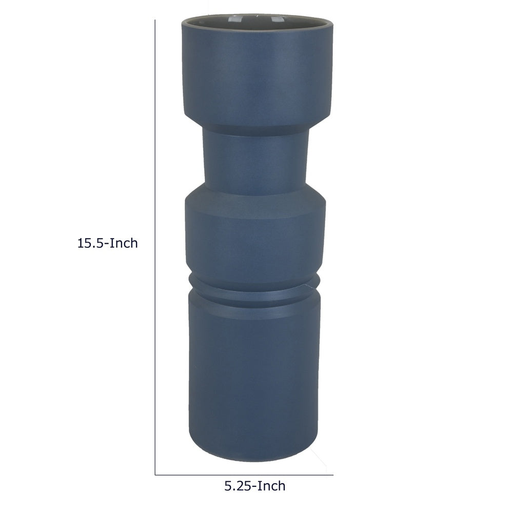 Sculptural Totem Vase, Stacked Geometric Accents, Blue Ceramic 16 Inch-BM353451