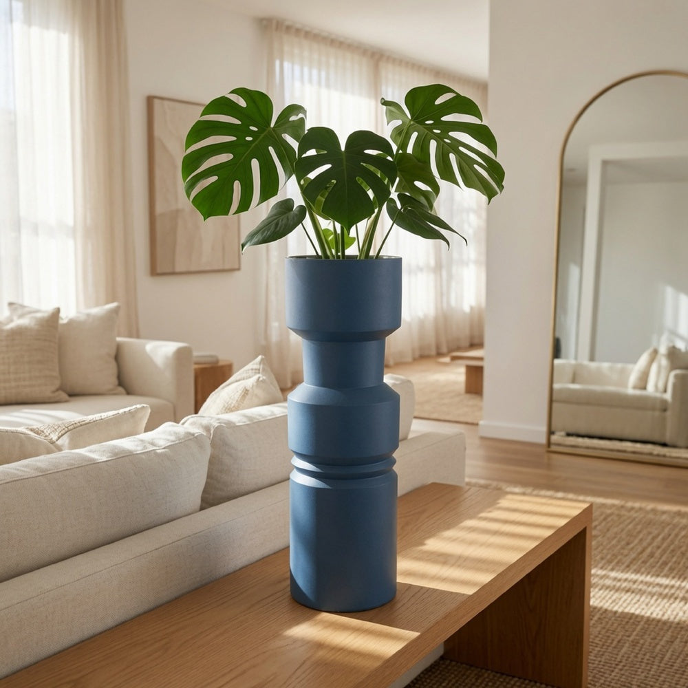Sculptural Totem Vase, Stacked Geometric Accents, Blue Ceramic 16 Inch-BM353451
