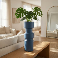 Sculptural Totem Vase, Stacked Geometric Accents, Blue Ceramic 16 Inch-BM353451