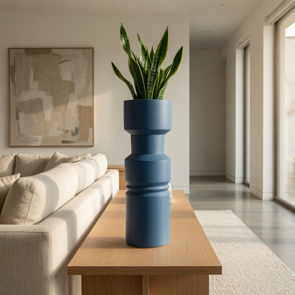 Sculptural Totem Vase, Stacked Geometric Accents, Blue Ceramic 16 Inch-BM353451